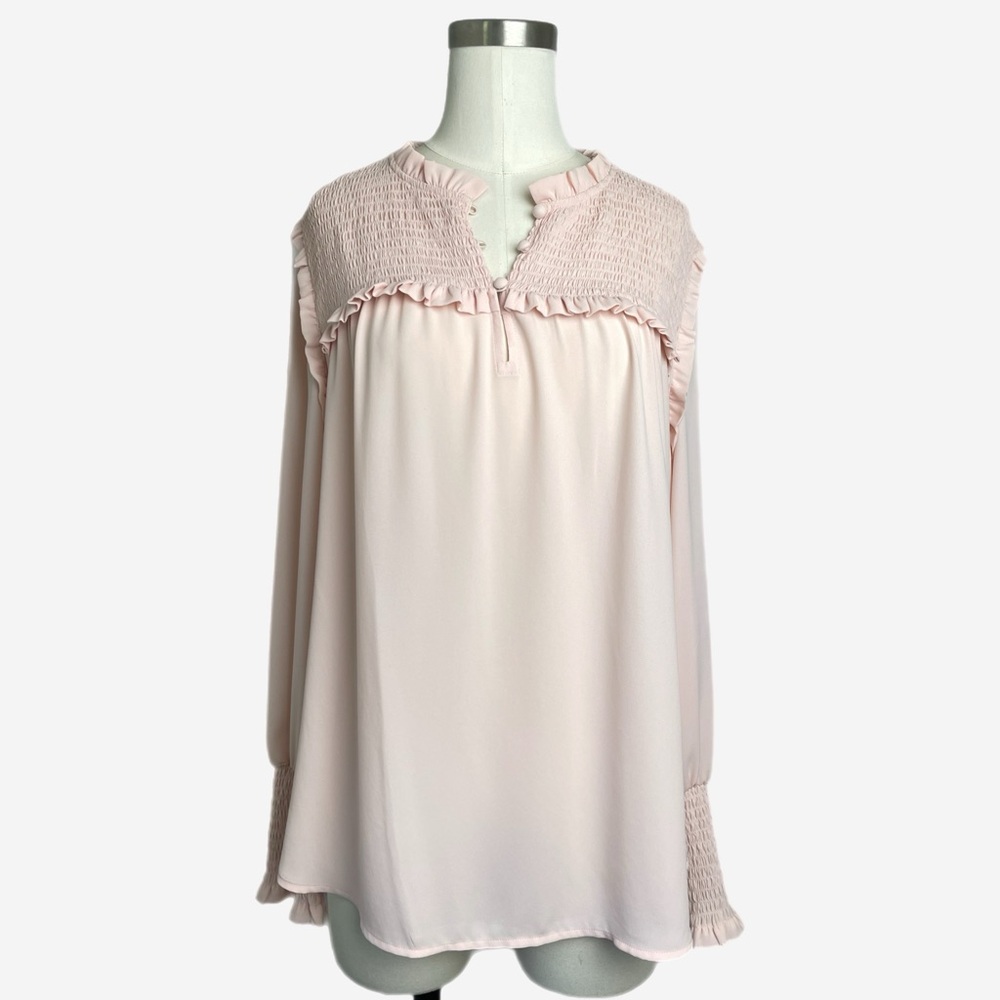 Loft NWT pink smocked yoke ruffle long sleeve blouse cottagecore whimsical L